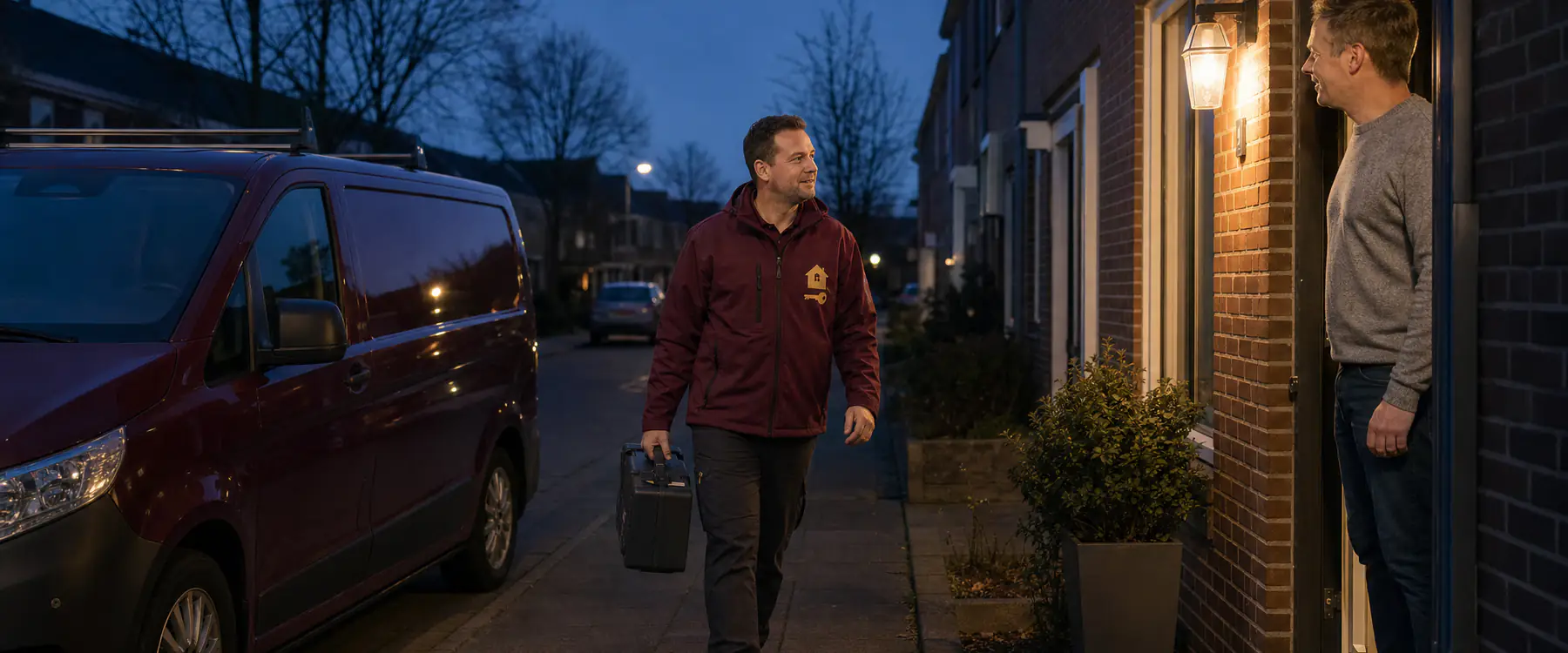 Slotenmaker loopt 's avonds met zijn gereedschapskoffer naar een voordeur in Helmond