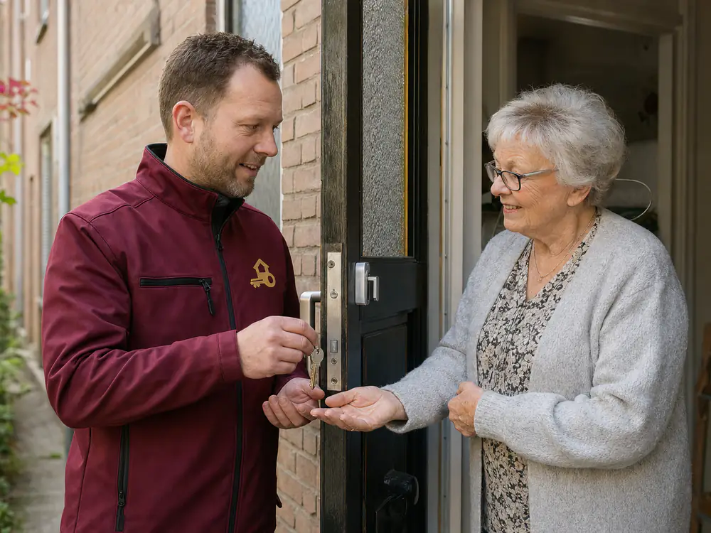 Slotenmaker geeft nieuwe sleutels aan een oudere bewoonster